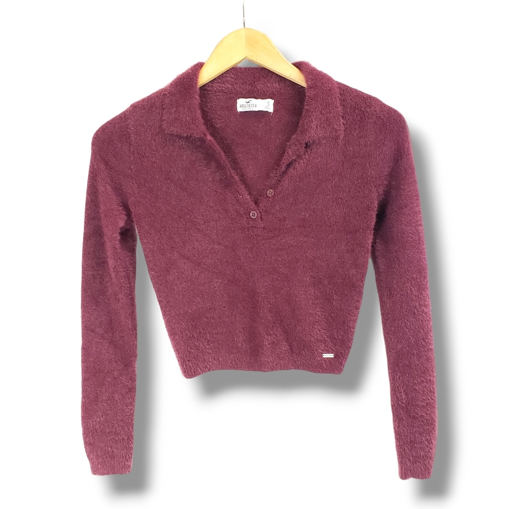 Hollister Burgundy Red Fuzzy Knit Cropped V-Neck Sweater Size Small NWT